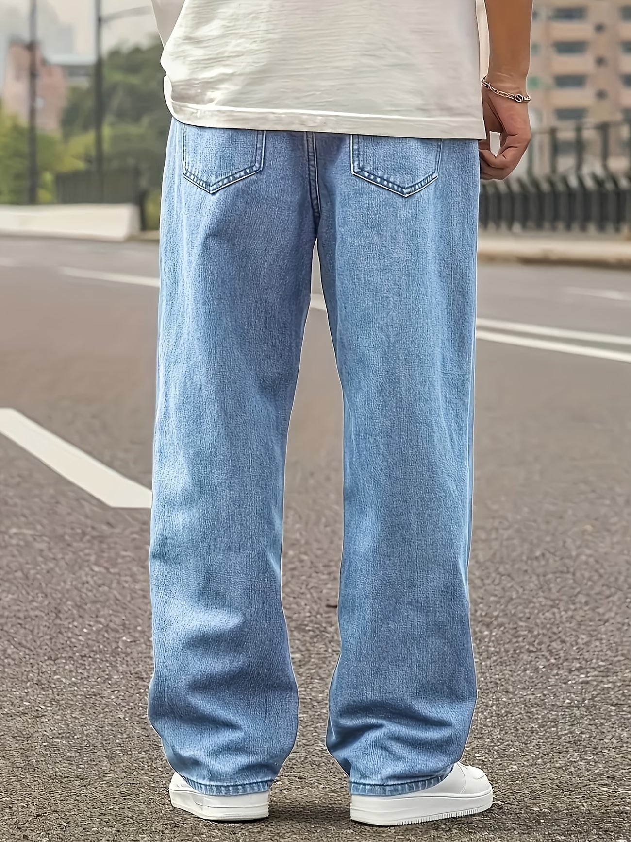 Jeans Rectos Holgados Casuales para Hombre | Para Todas las Estaciones, Sin Elasticidad, Color Liso Lavado