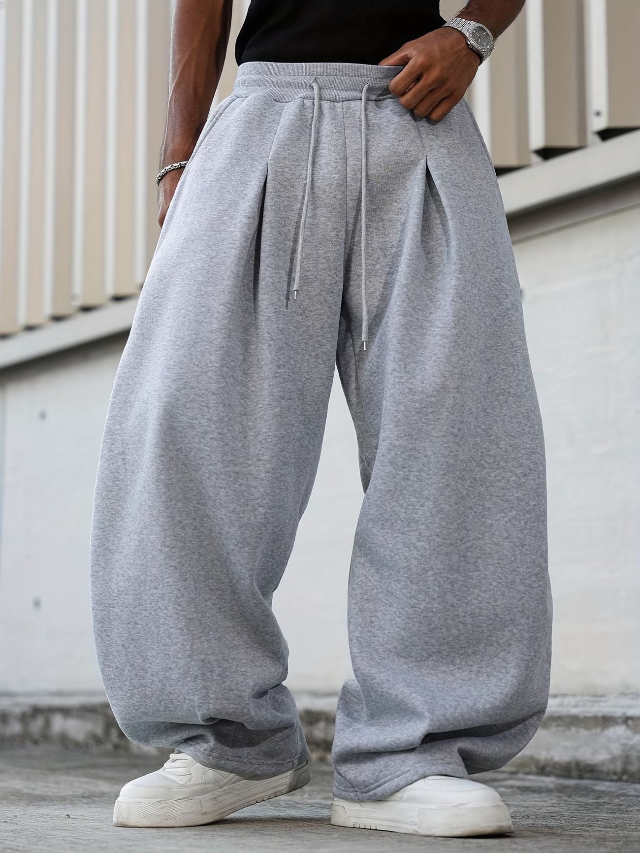 Pantalones Chándal Grises Sueltos Hombre - Casual Uso Diario Sin Estampados