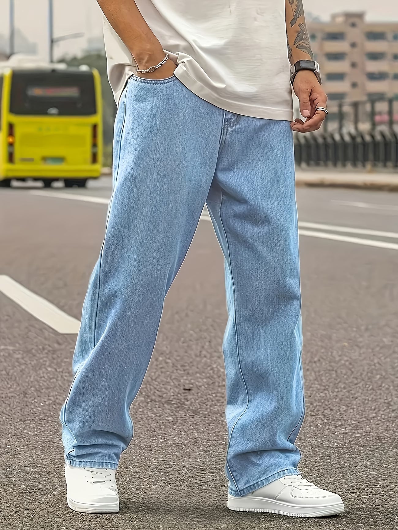 Jeans Rectos Holgados Casuales para Hombre | Para Todas las Estaciones, Sin Elasticidad, Color Liso Lavado