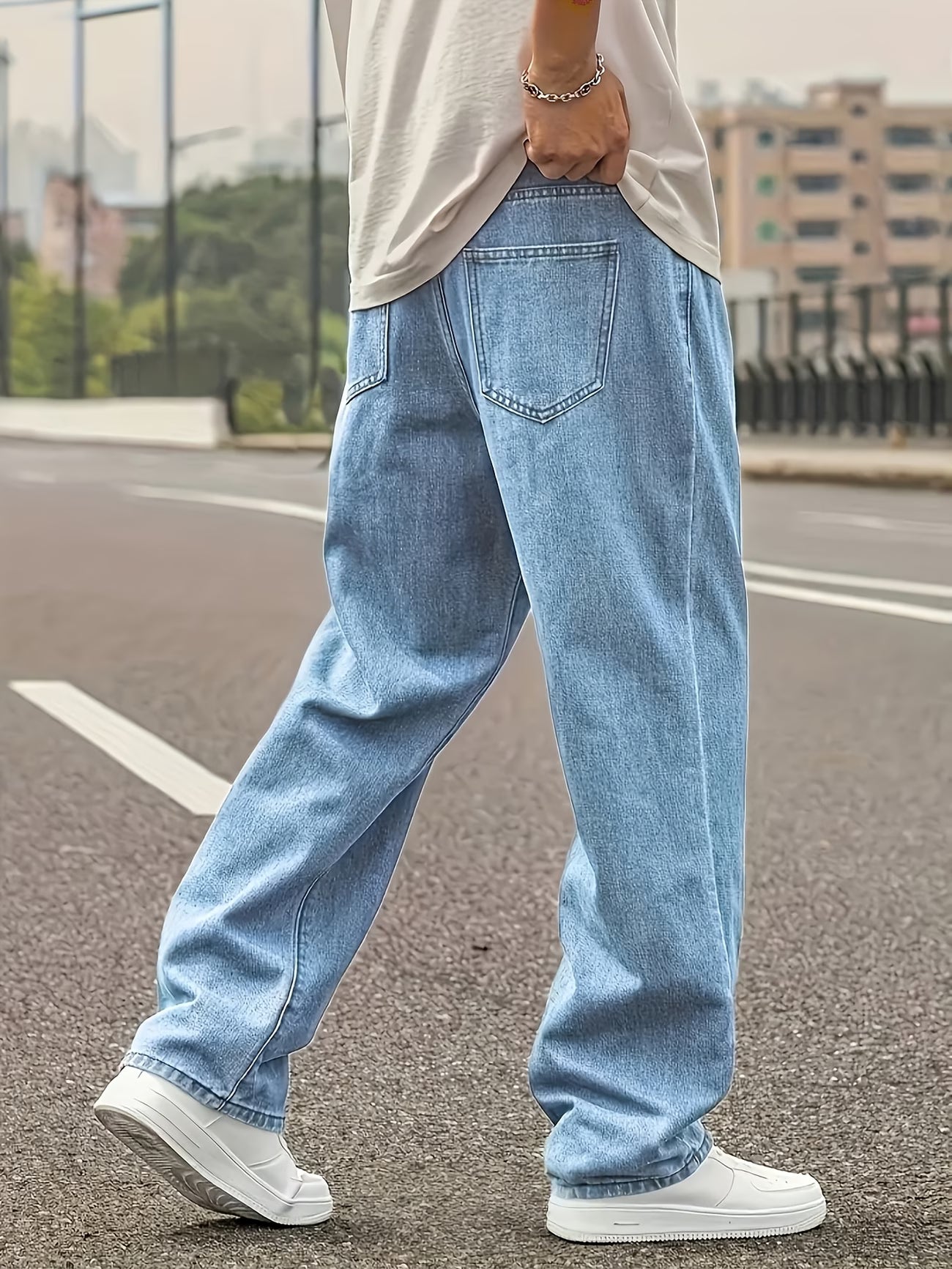 Jeans Rectos Holgados Casuales para Hombre | Para Todas las Estaciones, Sin Elasticidad, Color Liso Lavado